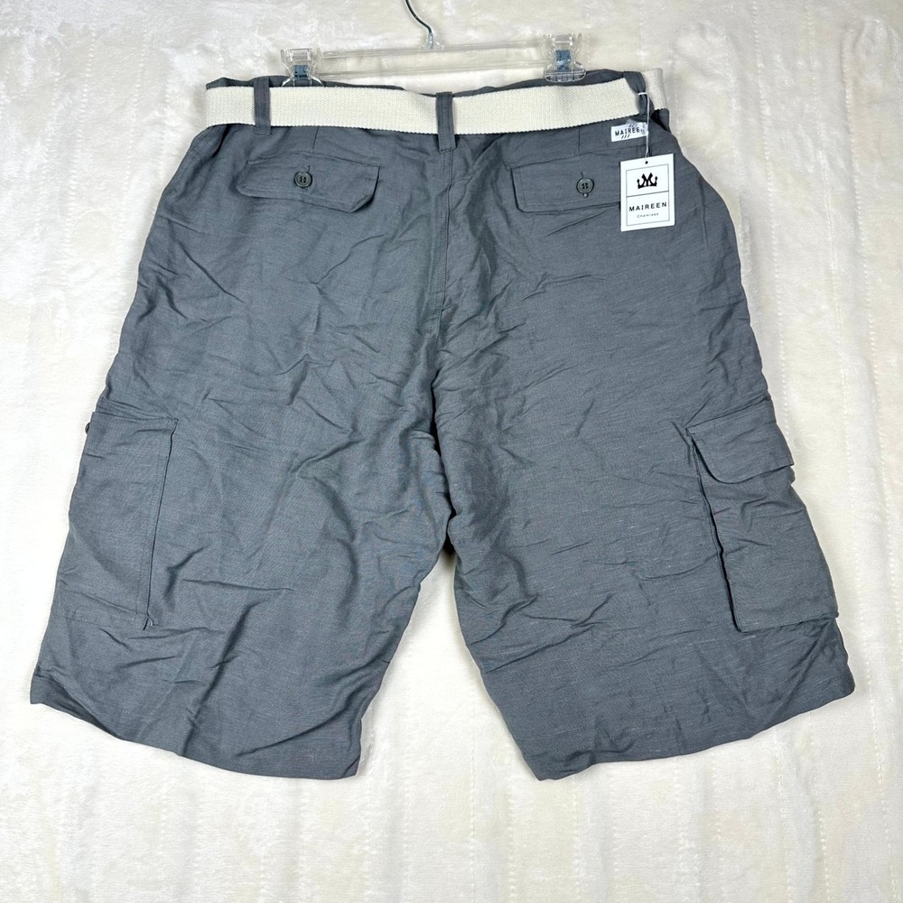 Maireen Men's Gray Linen Blend Cargo Shorts Size 38 w/ Belt Casual Summer - Picture 2 of 8
